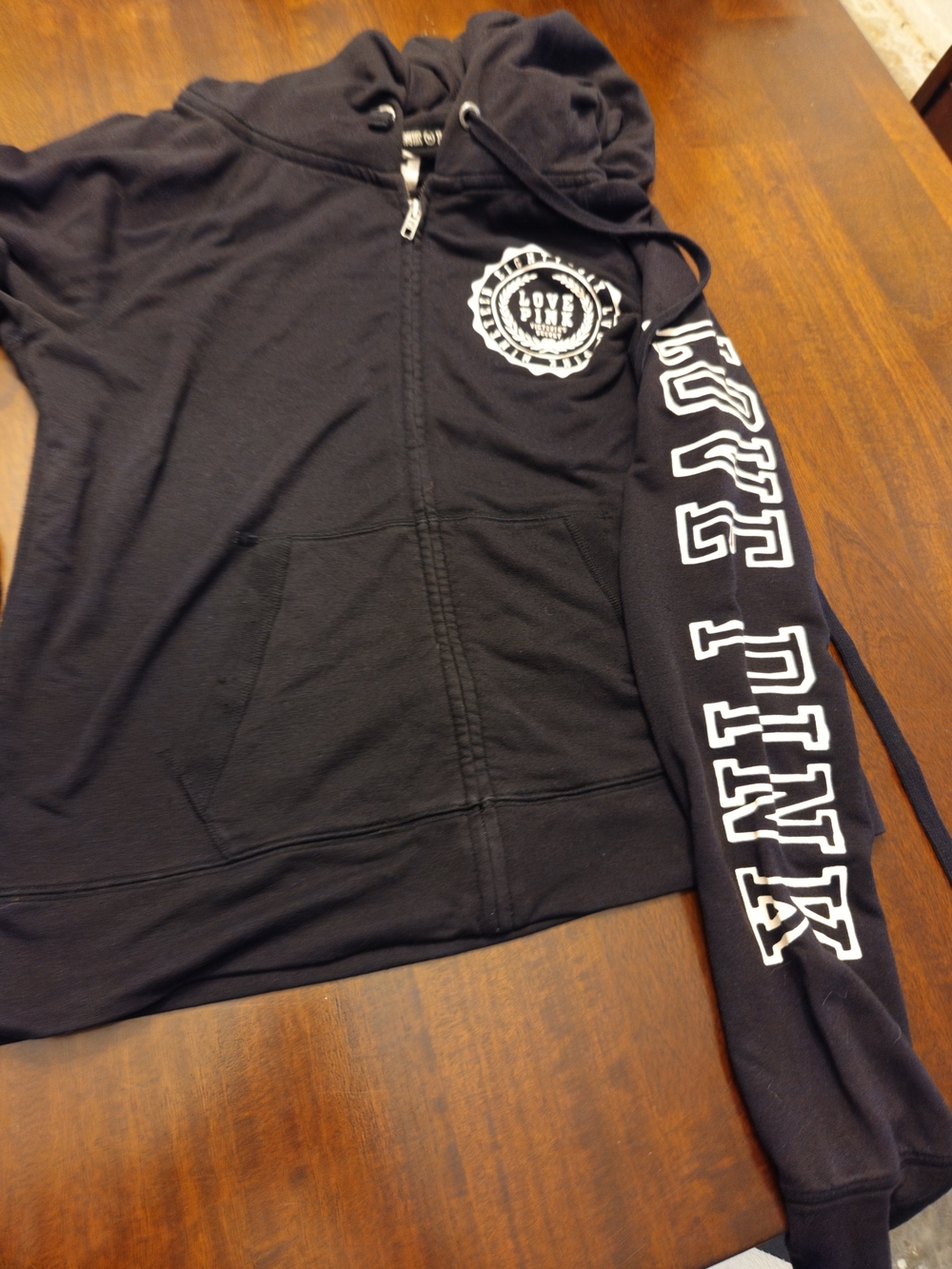 PINK Victoria's Secret Black Full-Zip Hoodie with White Logo Sleeve